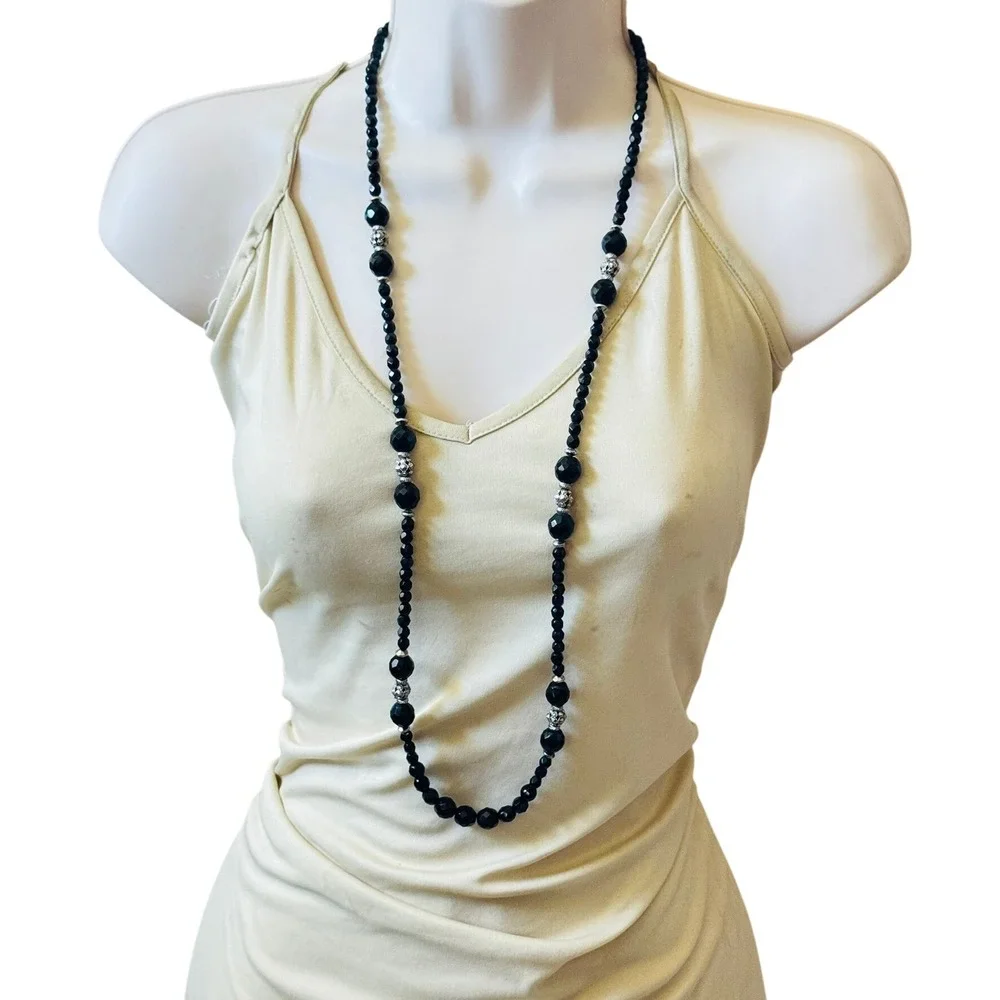VTG 1928 Collection Style Goth Necklace glass beads silver filigree chain 38